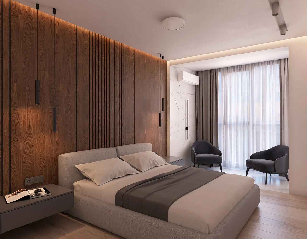 Спальня с деревянной панелью и мягкой подсветкой — дизайн-проект HomeInterior